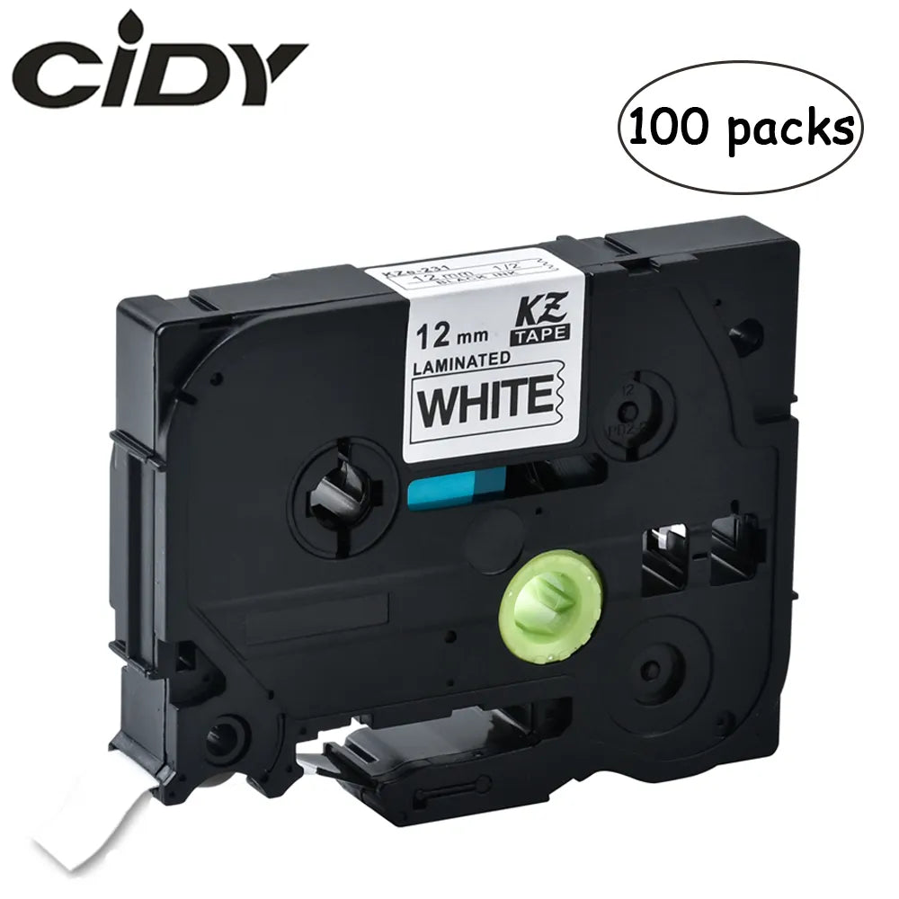 100pcs PTouch Compatible TZ-231 12mm Black on White Labels