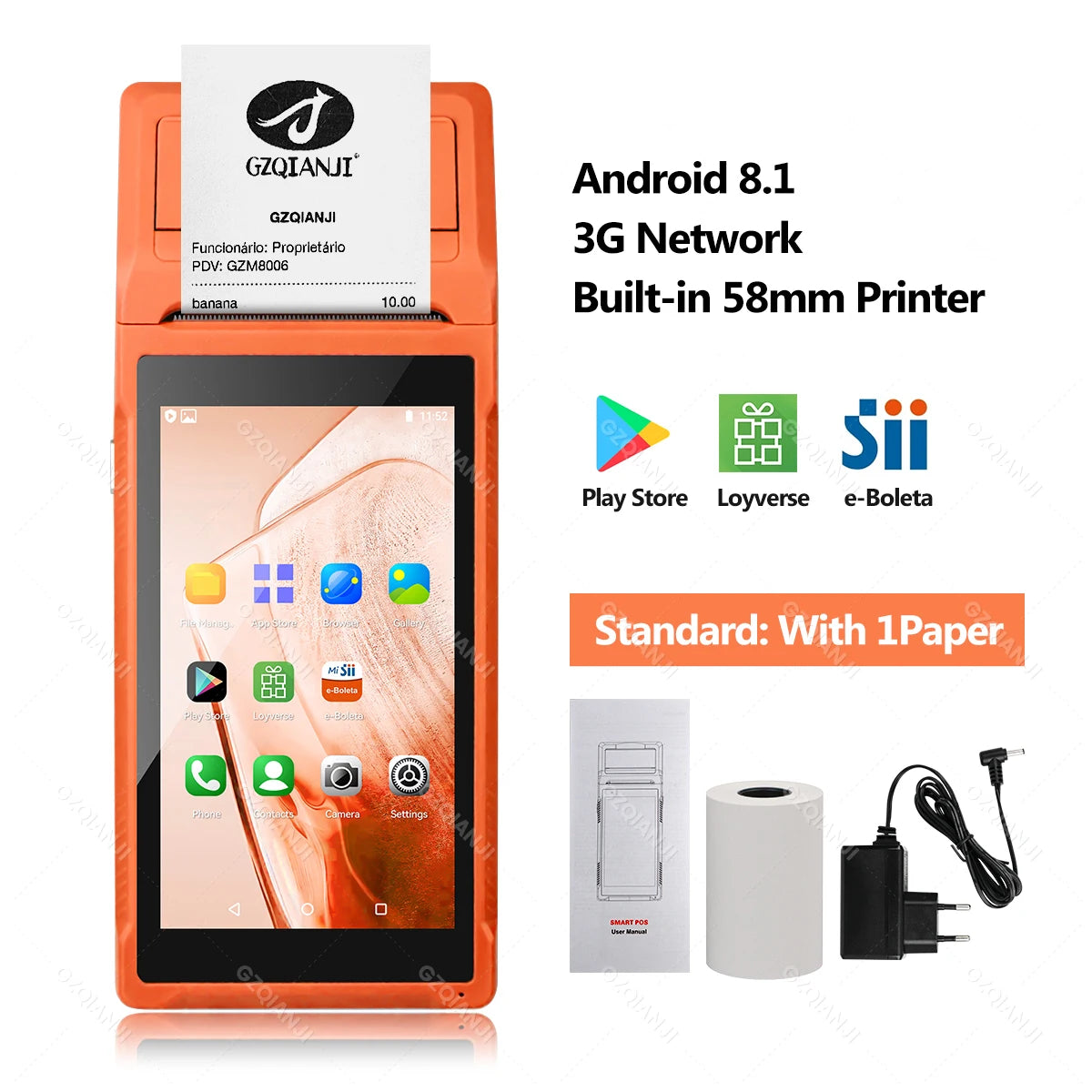 Handheld POS PDA with 58mm Thermal Printer, Android, Bluetooth/Wi‑Fi, 1D/2D