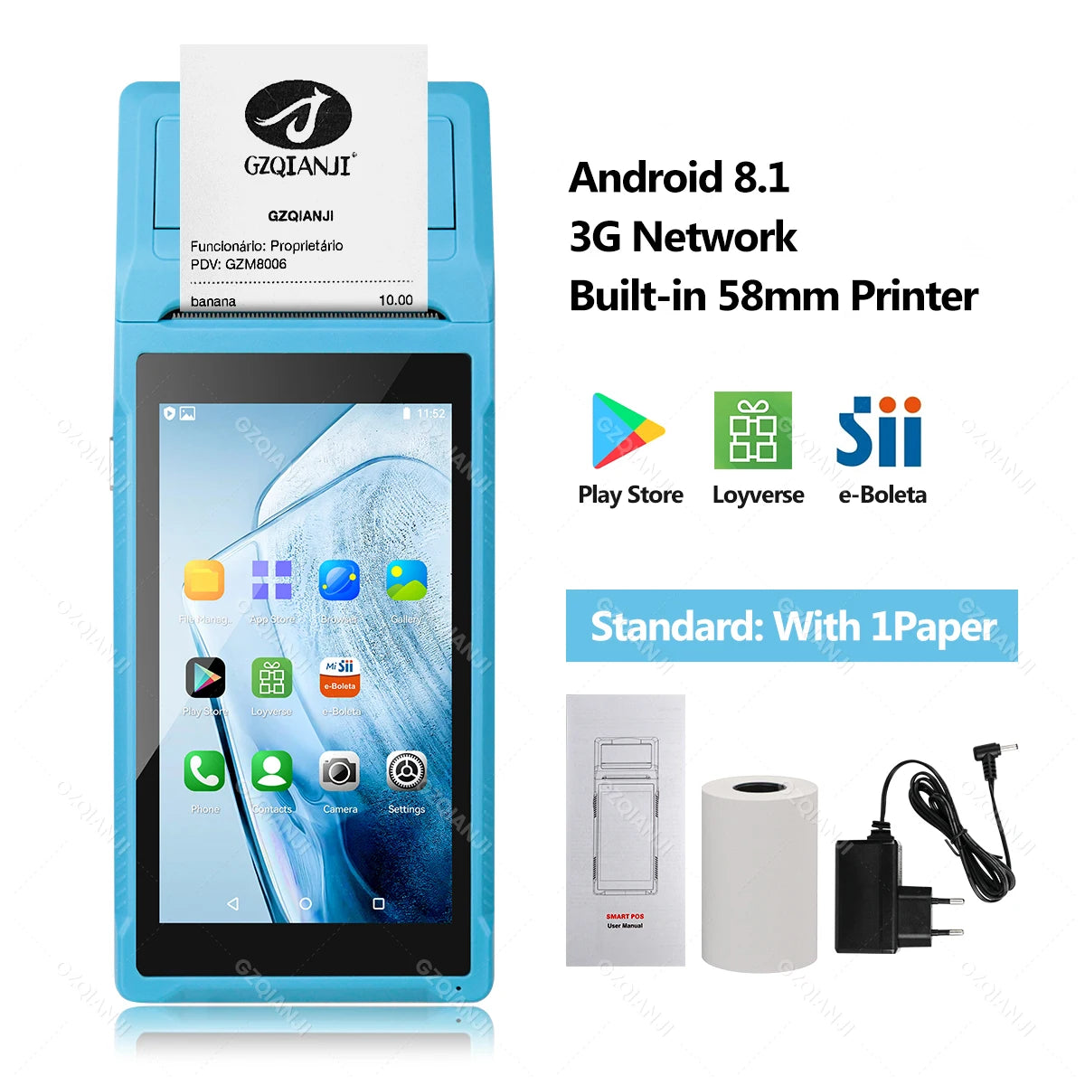 Handheld POS PDA with 58mm Thermal Printer, Android, Bluetooth/Wi‑Fi, 1D/2D