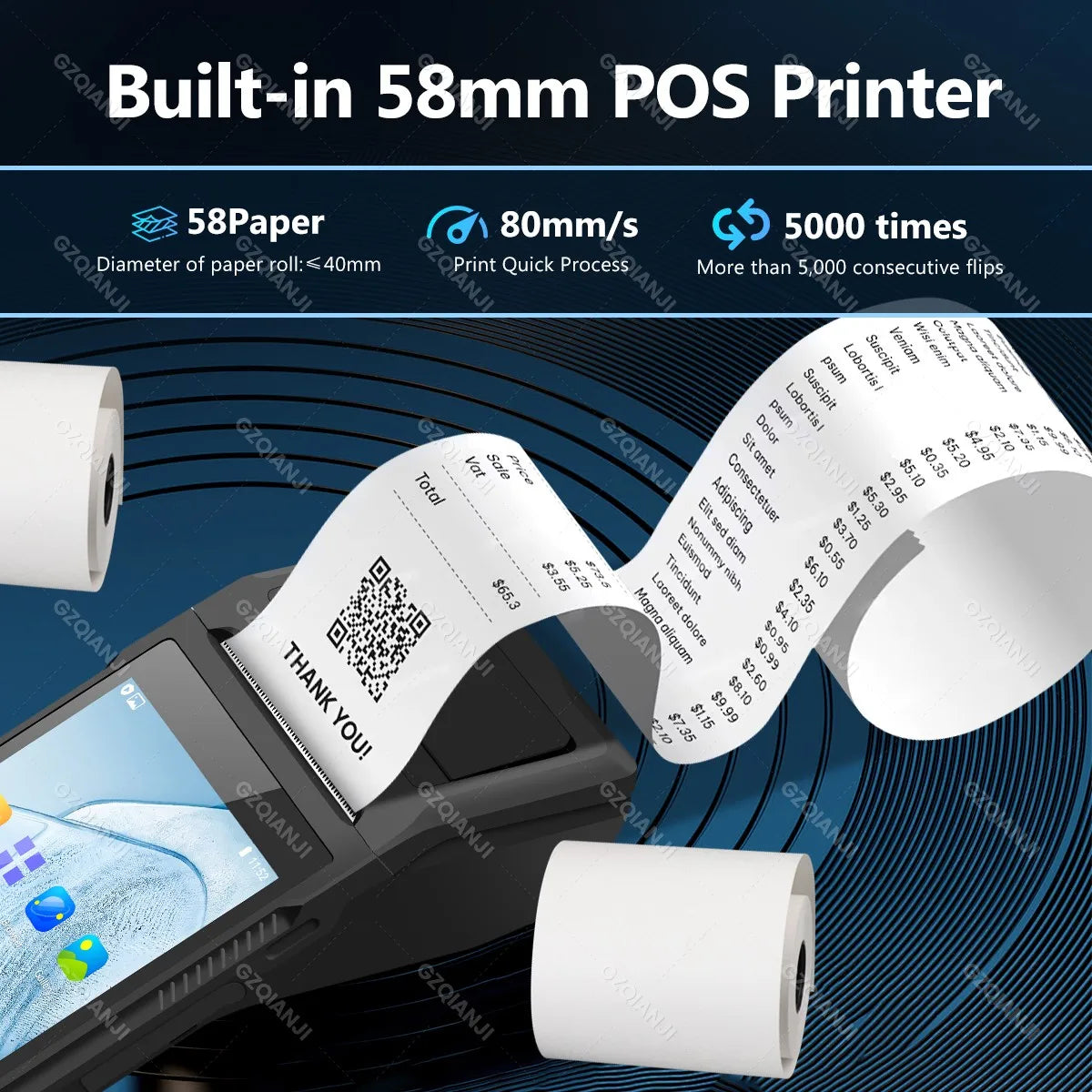 Handheld POS PDA with 58mm Thermal Printer, Android, Bluetooth/Wi‑Fi, 1D/2D