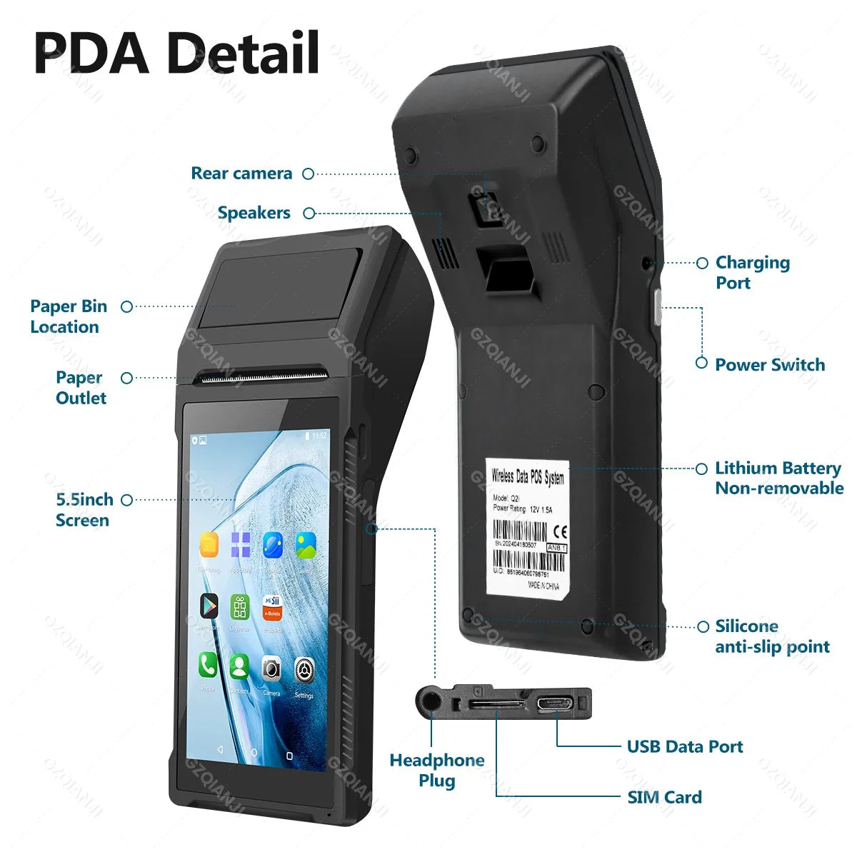 Handheld POS PDA with 58mm Thermal Printer, Android, Bluetooth/Wi‑Fi, 1D/2D